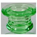 Uranium Glassware Bundle - Pair of Depression Glass Candlestick Holders and Imperial Glass Handled Bowl Uranium Glassware Bundle - Pair of Depression Glass Candlestick Holders and Imperial Glass Handled Bowl
