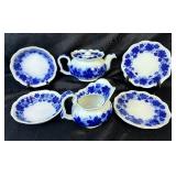 Antique Gefle Vinranka Flow Blue Grape Vine & Leaf Pattern Pitcher, Teapot, 2 Bowls, and 3- 7.5" Plates - Made in Sweden