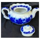 Antique Gefle Vinranka Flow Blue Grape Vine & Leaf Pattern Pitcher, Teapot, 2 Bowls, and 3- 7.5" Plates - Made in Sweden