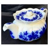 Antique Gefle Vinranka Flow Blue Grape Vine & Leaf Pattern Pitcher, Teapot, 2 Bowls, and 3- 7.5" Plates - Made in Sweden
