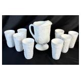 Vintage Harvest Grape Pattern Milk Glass Footed Pitcher (10.5"H) and 8 Tumblers (6"H)