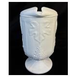 Vintage Harvest Grape Pattern Milk Glass Footed Pitcher (10.5"H) and 8 Tumblers (6"H)