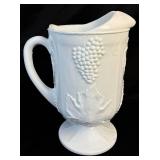 Vintage Harvest Grape Pattern Milk Glass Footed Pitcher (10.5"H) and 8 Tumblers (6"H)