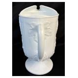 Vintage Harvest Grape Pattern Milk Glass Footed Pitcher (10.5"H) and 8 Tumblers (6"H)