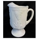 Vintage Harvest Grape Pattern Milk Glass Footed Pitcher (10.5"H) and 8 Tumblers (6"H)