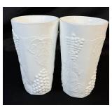 Vintage Harvest Grape Pattern Milk Glass Footed Pitcher (10.5"H) and 8 Tumblers (6"H)