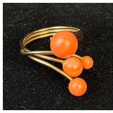 Vintage 14K Gold Coral Beaded Cocktail Ring - size 7.5