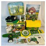 Large Assortment of John Deere Collectables - Includes: Wall Signs, Cookie Jar, Wall Watch, 2 Desk Clocks, "Daddy Large Assortment of John Deere Collectables - Includes: Wall Signs, Cookie Jar, Wall Watch, 2 Desk Clocks, "Daddy