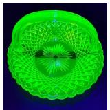 Uranium Glassware Bundle - Pair of Depression Glass Candlestick Holders and Imperial Glass Handled Bowl Uranium Glassware Bundle - Pair of Depression Glass Candlestick Holders and Imperial Glass Handled Bowl