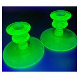 Uranium Glassware Bundle - Pair of Depression Glass Candlestick Holders and Imperial Glass Handled Bowl Uranium Glassware Bundle - Pair of Depression Glass Candlestick Holders and Imperial Glass Handled Bowl