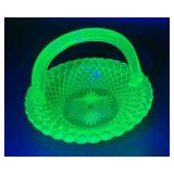Uranium Glassware Bundle - Pair of Depression Glass Candlestick Holders and Imperial Glass Handled Bowl Uranium Glassware Bundle - Pair of Depression Glass Candlestick Holders and Imperial Glass Handled Bowl