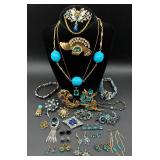 Assortment of Vintage Blue Accented Brooches, Necklaces, Earrings and Bracelets Assortment of Vintage Blue Accented Brooches, Necklaces, Earrings and Bracelets