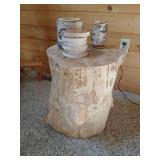 Heavy Log Side Table With Rustic Wood Coasters & Candle Holders