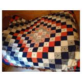 Vintage Queen Homemade & Hand-Tied Coral/White/Blue Quilt