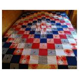 Vintage Queen Homemade & Hand-Tied Red/White/Blue Quilt
