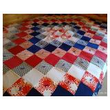 Vintage Queen Homemade & Hand-Tied Red/White/Blue Quilt