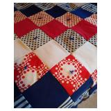 Vintage Queen Homemade & Hand-Tied Red/White/Blue Quilt