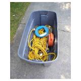 Tote of Various Electrical Cords + Fish Tape