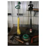 Yard Tool Lot with 2 String Trimmers, Hand Axe, Bow Saw, and String