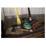 Yard Tool Lot with 2 String Trimmers, Hand Axe, Bow Saw, and String