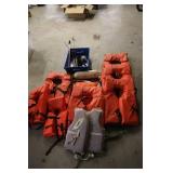 Lot of 6 Orange Life Jackets, 1 Adjustable Life Vest, and Fishing Accessories