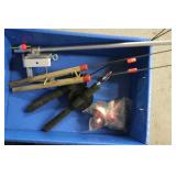 Lot of 6 Orange Life Jackets, 1 Adjustable Life Vest, and Fishing Accessories