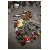Assorted Trailer Parts and Hardware Lot with Lights, Hooks, and Accessories