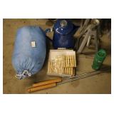 Garage and Camping Utility Lot with Jack Stands, Blue Jug, Sleeping Bag, and Tools