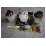 Antique Stoneware Jugs and Decorative Saw with Train Art