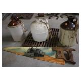 Antique Stoneware Jugs and Decorative Saw with Train Art