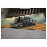 Antique Stoneware Jugs and Decorative Saw with Train Art