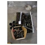 Collection of Assorted Pipe Fittings, Couplers, and Metal Storage Bins