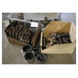 Collection of Assorted Pipe Fittings, Couplers, and Metal Storage Bins