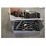 Collection of Assorted Pipe Fittings, Couplers, and Metal Storage Bins
