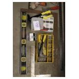 Assorted Hand Tools and Hardware Lot with Measuring Tools and Fasteners