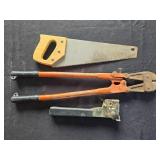 Set of Hand Tools: Bolt Cutters, Hand Saw, and Strap Cutter Set of Hand Tools: Bolt Cutters, Hand Saw, and Strap Cutter