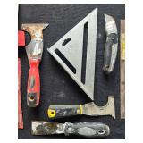 Collection of Hand Tools and Accessories Including Levels, Scrapers, and Utility Knives Collection of Hand Tools and Accessories Including Levels, Scrapers, and Utility Knives