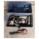 Assorted Pipe Fittings and Used Pipe Wrench in Toolbox Assorted Pipe Fittings and Used Pipe Wrench in Toolbox