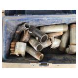 Assorted Pipe Fittings and Used Pipe Wrench in Toolbox Assorted Pipe Fittings and Used Pipe Wrench in Toolbox
