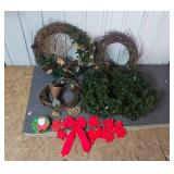 Holiday Wreaths and Decorations Lot with Garland, Bows, and Tin Holiday Wreaths and Decorations Lot with Garland, Bows, and Tin
