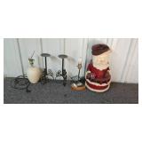 Group of Decorative Table Lamps, Wrought Iron Candle Holders, and Santa Claus Decor Group of Decorative Table Lamps, Wrought Iron Candle Holders, and Santa Claus Decor