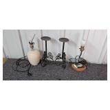 Group of Decorative Table Lamps, Wrought Iron Candle Holders, and Santa Claus Decor Group of Decorative Table Lamps, Wrought Iron Candle Holders, and Santa Claus Decor