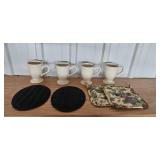 Set of Cream Stoneware Mugs with Quilted Pot Holders and Trivets Set of Cream Stoneware Mugs with Quilted Pot Holders and Trivets
