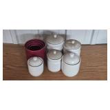 Set of White Ceramic Canisters with Lids and Red Nesting Bowls Set of White Ceramic Canisters with Lids and Red Nesting Bowls