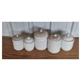 Set of White Ceramic Canisters with Lids and Red Nesting Bowls Set of White Ceramic Canisters with Lids and Red Nesting Bowls