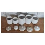 Set of White Ceramic Canisters with Lids and Red Nesting Bowls Set of White Ceramic Canisters with Lids and Red Nesting Bowls