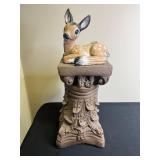 Garden-Style Plaster Fawn Figurine with Ornate Pedestal Garden-Style Plaster Fawn Figurine with Ornate Pedestal
