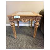 Wood and Marble Accent Table with Carved Details, 25x26x27 Inches Wood and Marble Accent Table with Carved Details, 25x26x27 Inches