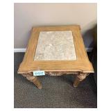 Wood and Marble Accent Table with Carved Details, 25x26x27 Inches Wood and Marble Accent Table with Carved Details, 25x26x27 Inches