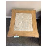 Wood and Marble Accent Table with Carved Details, 25x26x27 Inches Wood and Marble Accent Table with Carved Details, 25x26x27 Inches